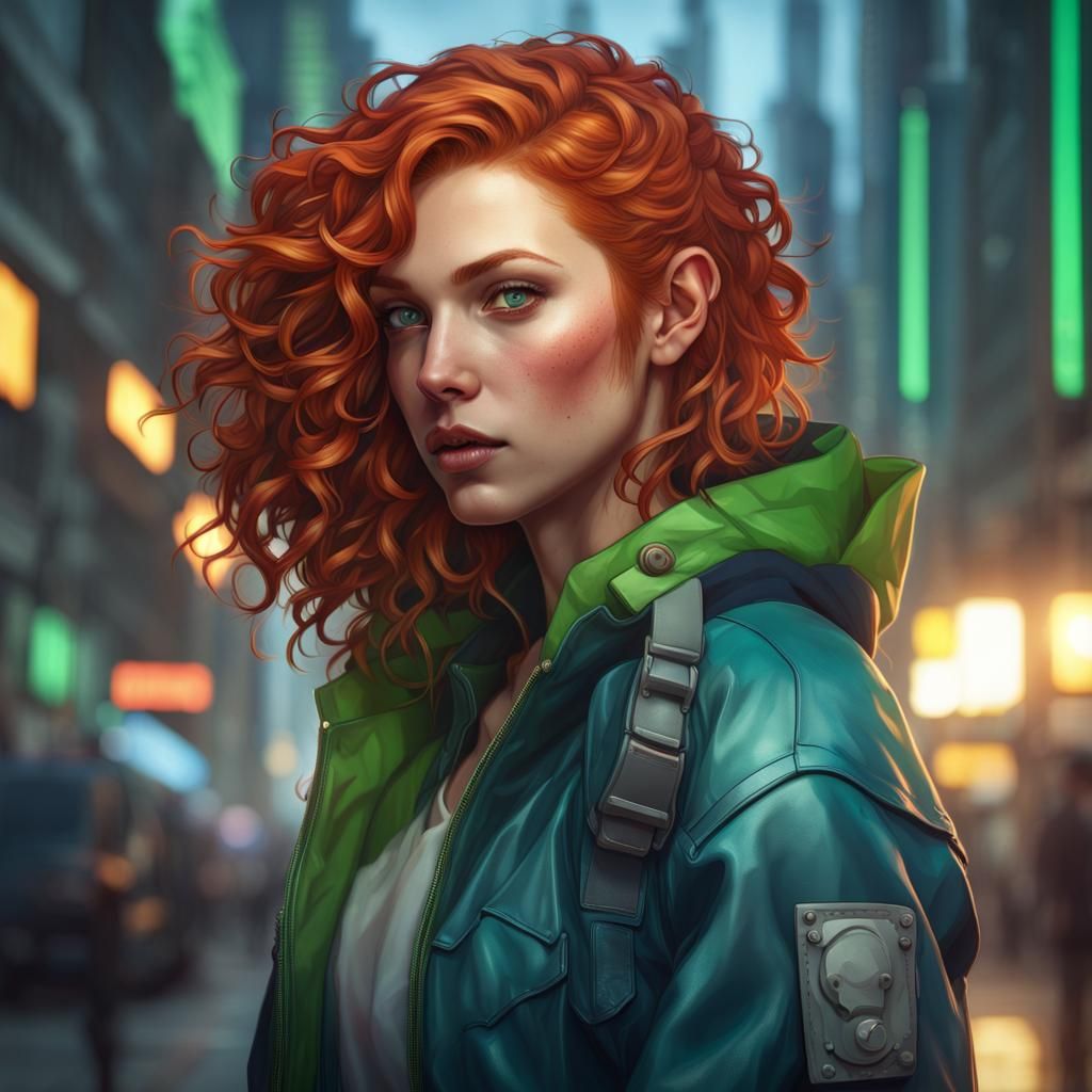 Redhead in Cyberpunk Jacket, Detailed Portrait