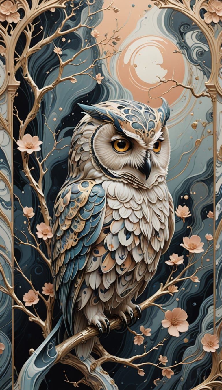 Surreal Owl Elegance with Marble Textures and Gold Accents