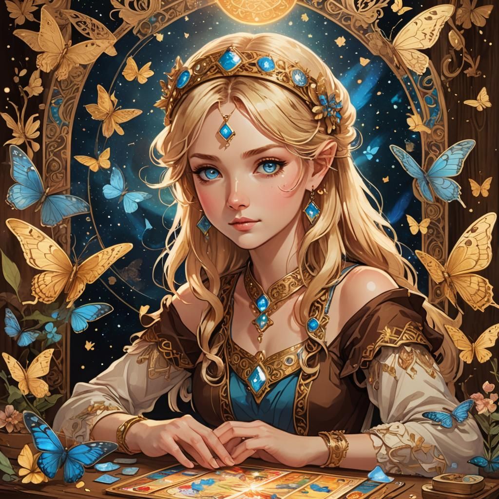Anime Tarot Reader with Phoenix and Butterflies