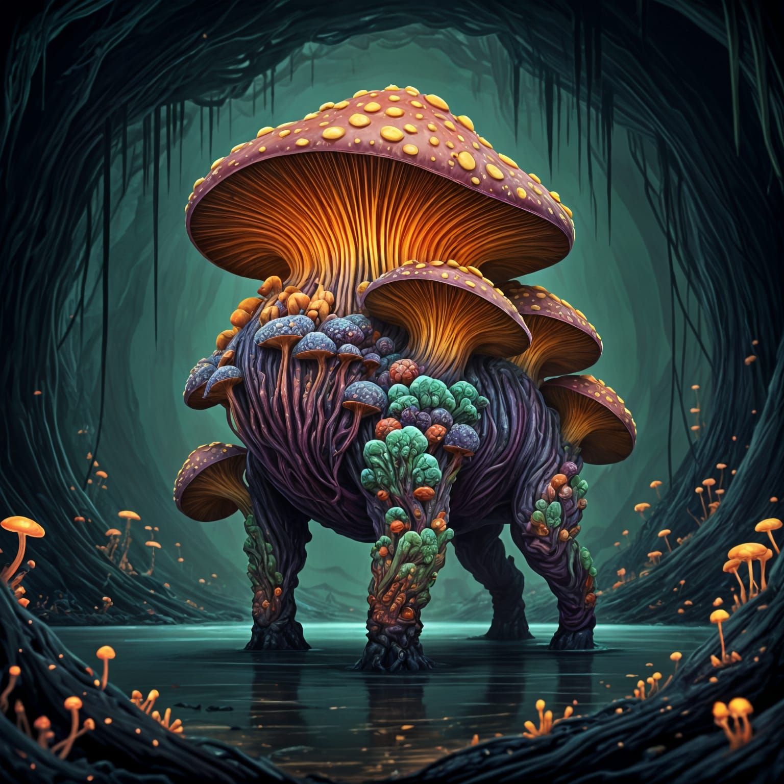 Dark Fantasy Corrupted Mushroom Beast in Swamp
