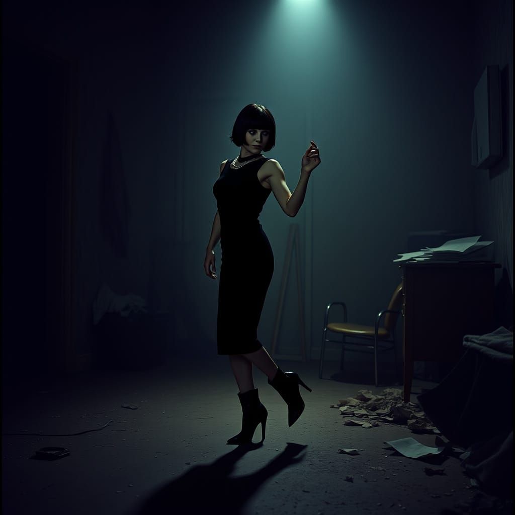Moody Woman Dancing in Dimly Lit Room, Cinematic Film Still