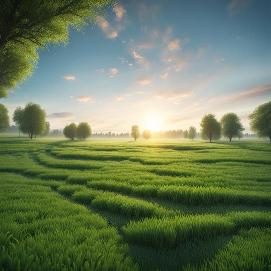 Green Fields Sunrise in Hyperrealistic Style