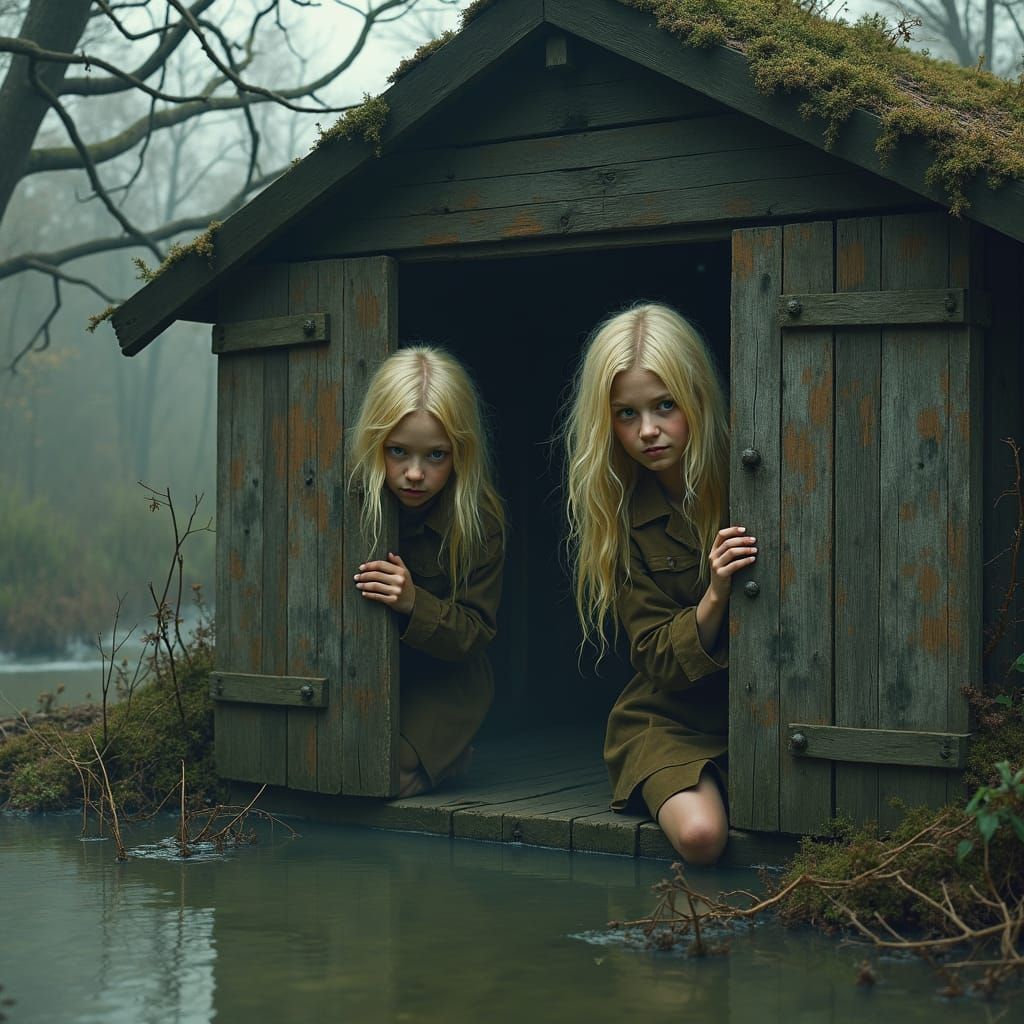 Eerie Swamp Cabin: Twins in Hiding, Mystical Illustration