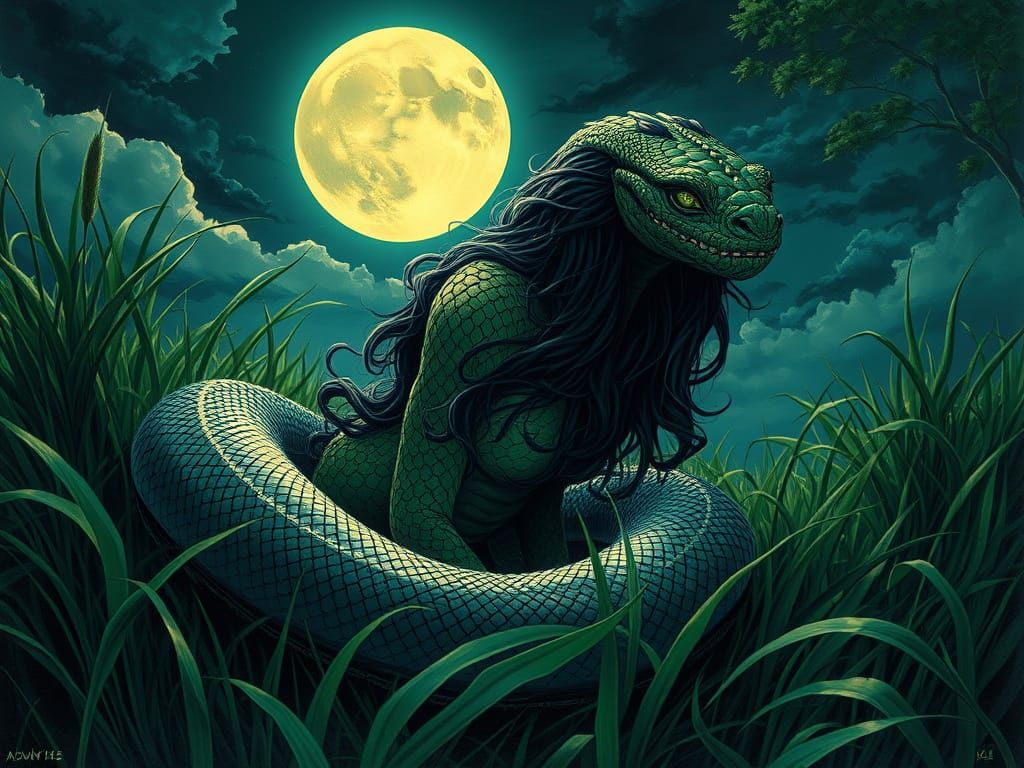 Serpentine Lilith in Moonlit Grass