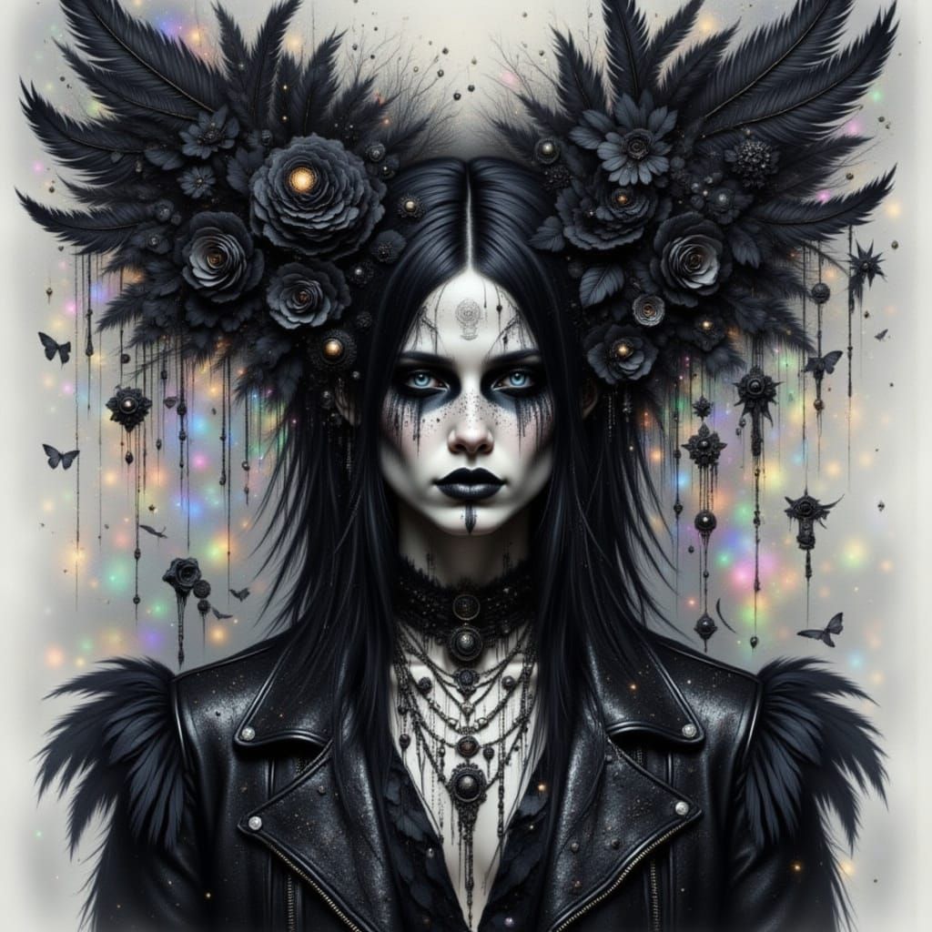 Ethereal Gothic Man with Black Feathers Pencil Drawing