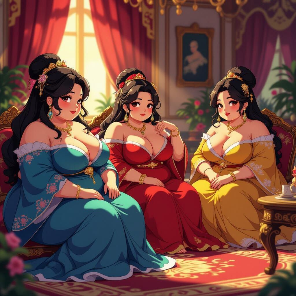 Lavish Harem Scene in Vibrant Manga Style