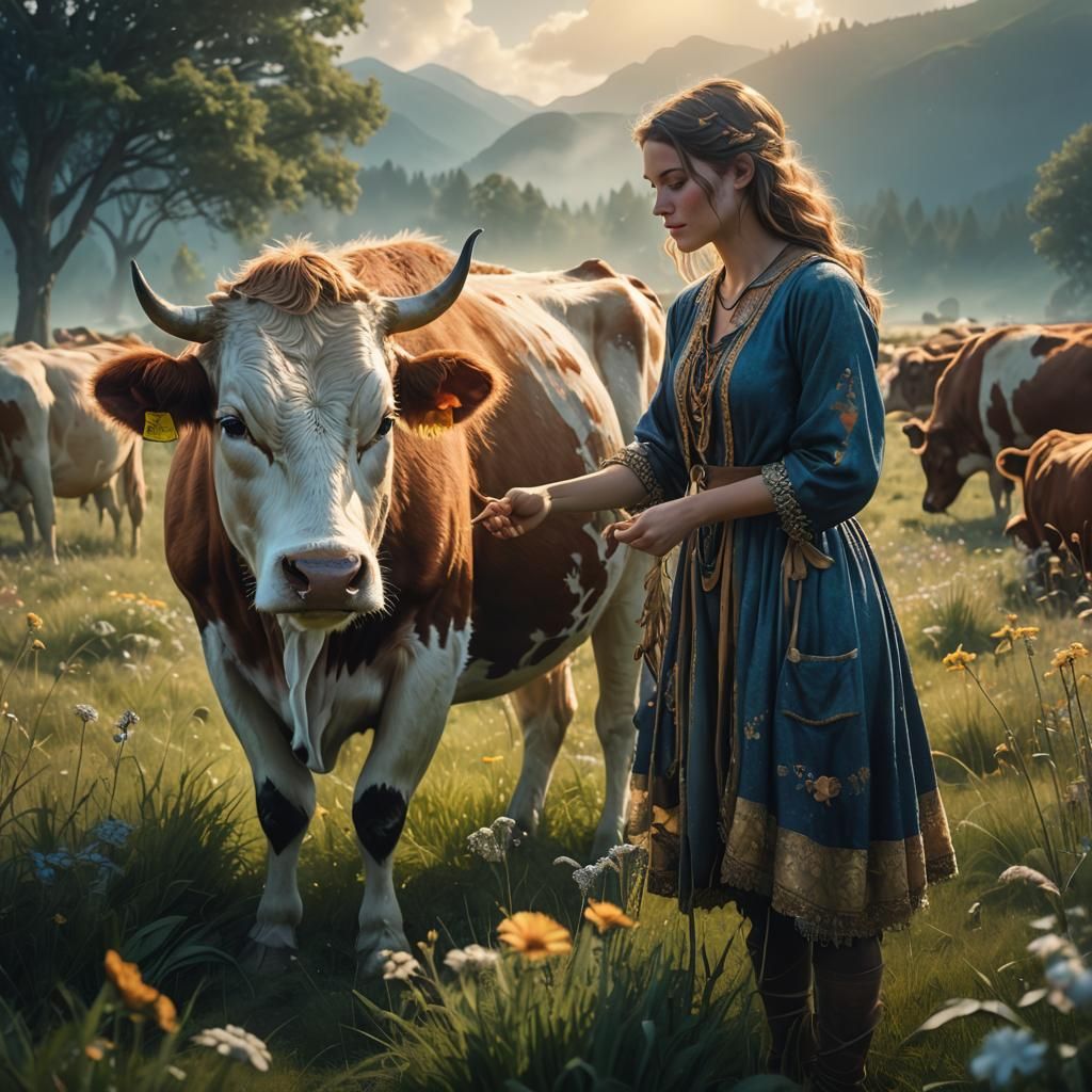 Girl Milking Cow in Lush Meadow: Fantasy Concept Art