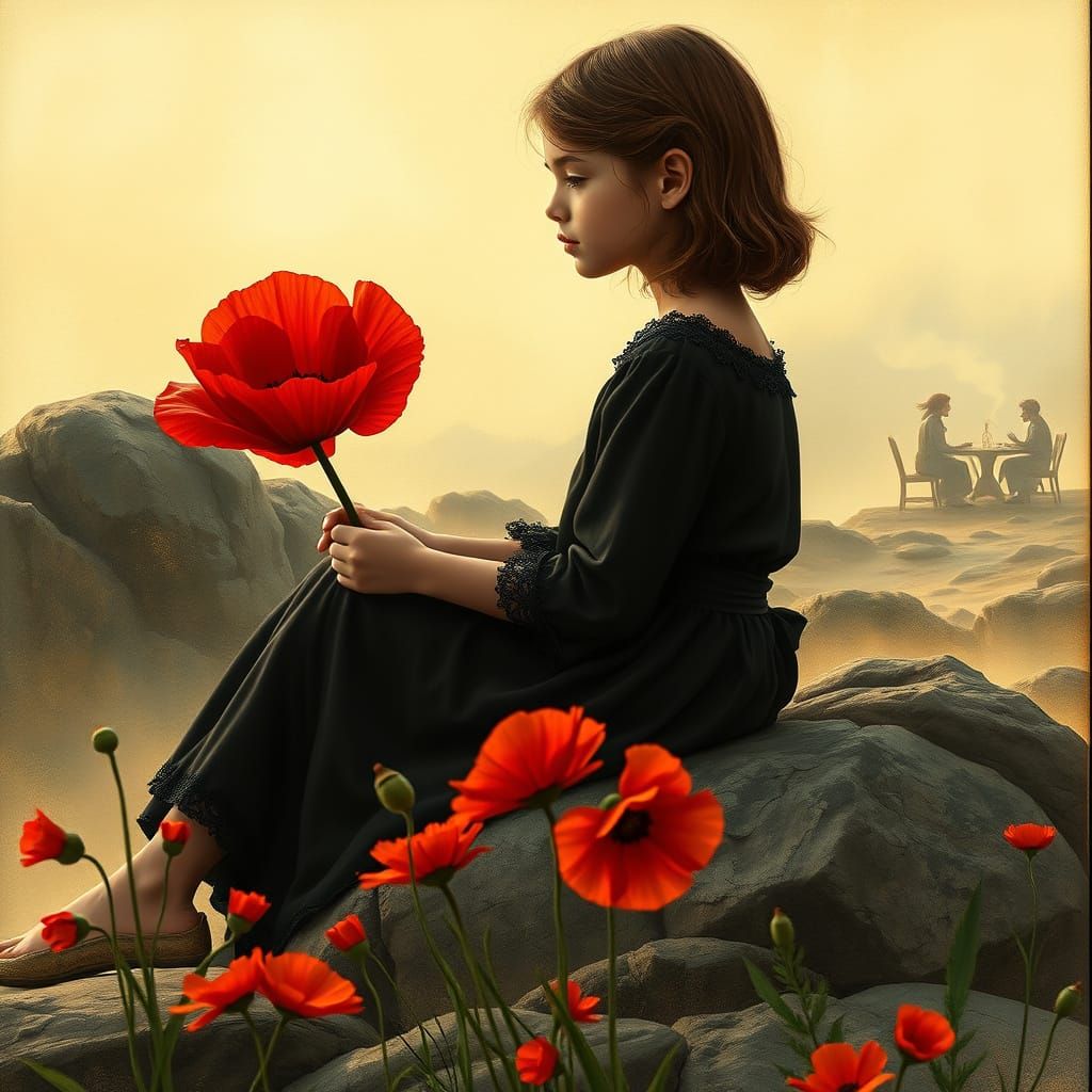Young Girl in Contemplative Profile, Holding Crimson Poppy