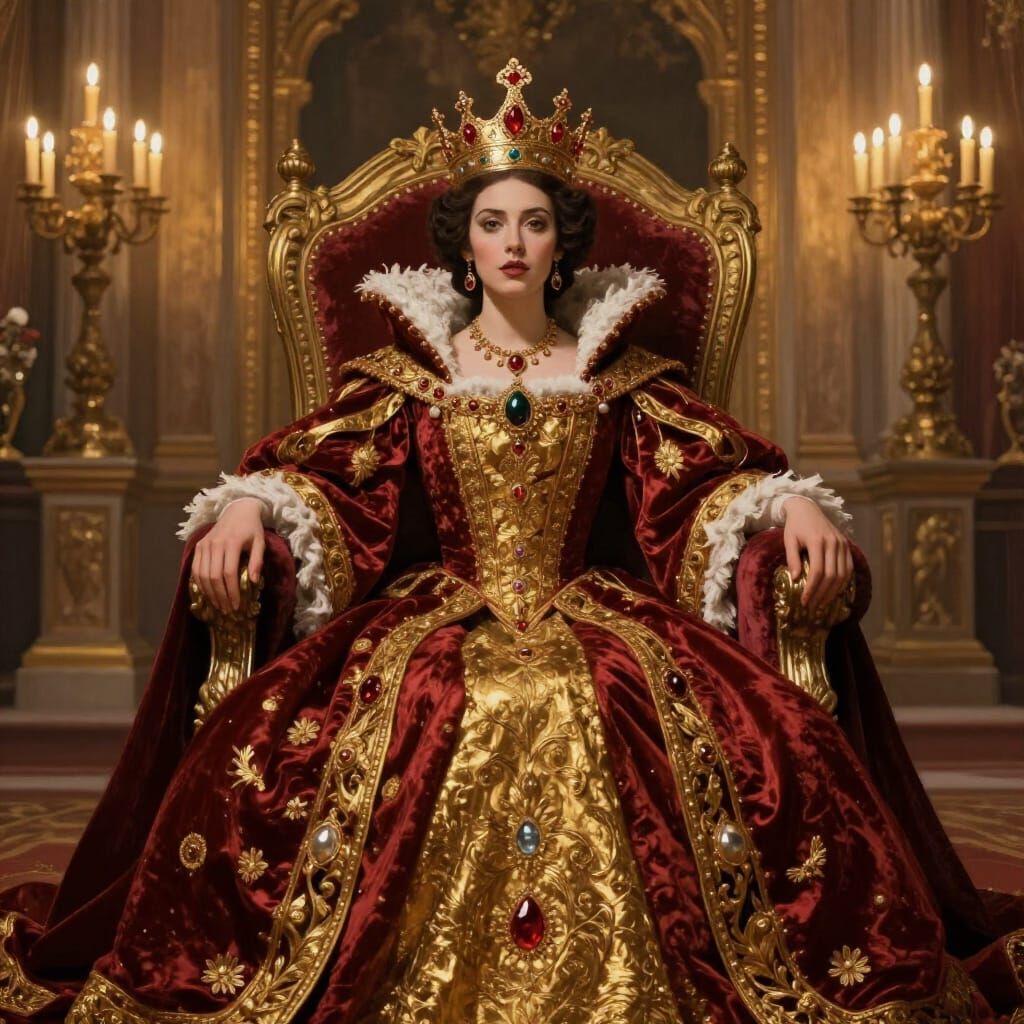 Regal Queen on Velvet Throne in Grand Hall