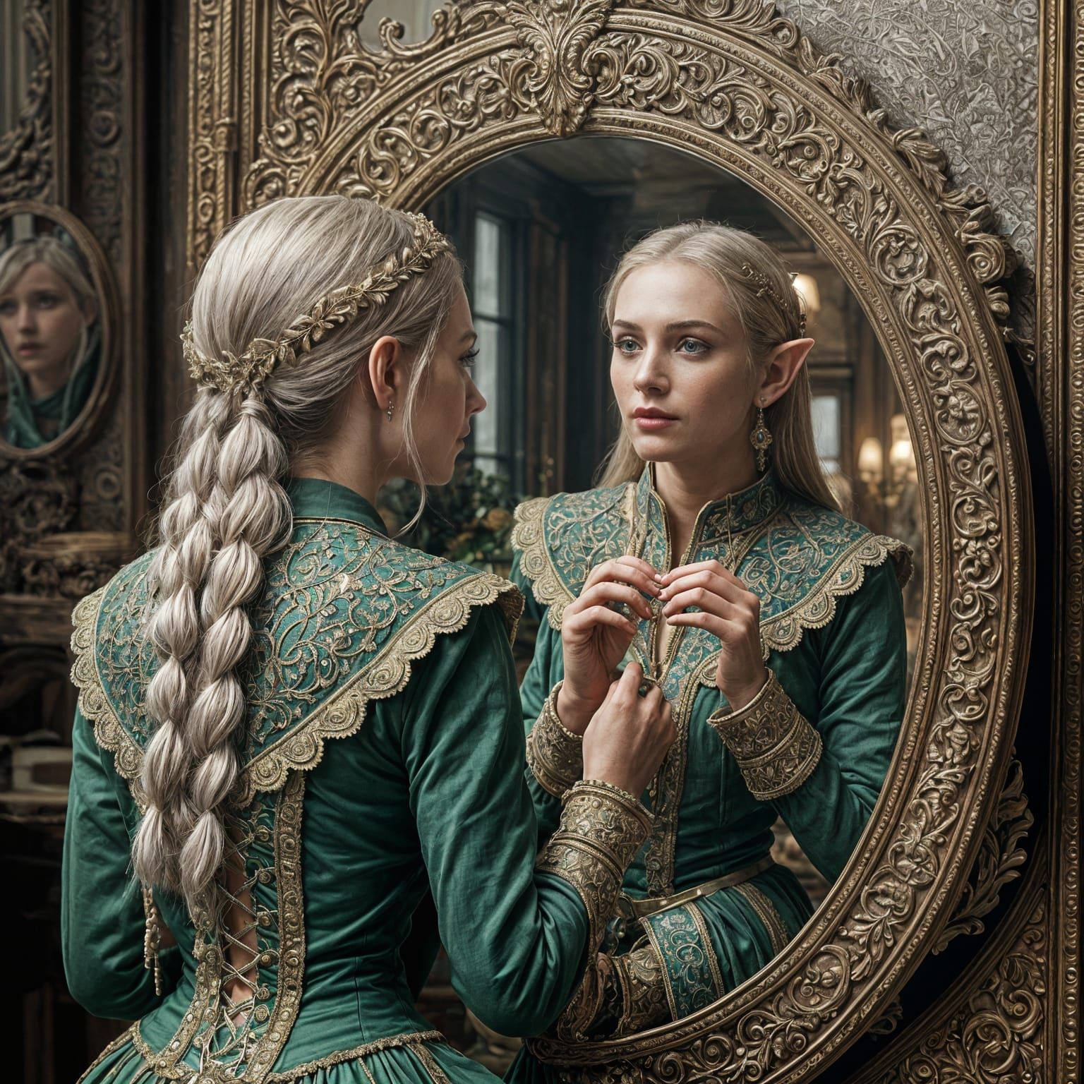 Elf Woman Gazes Into Mirror at Her Future Self