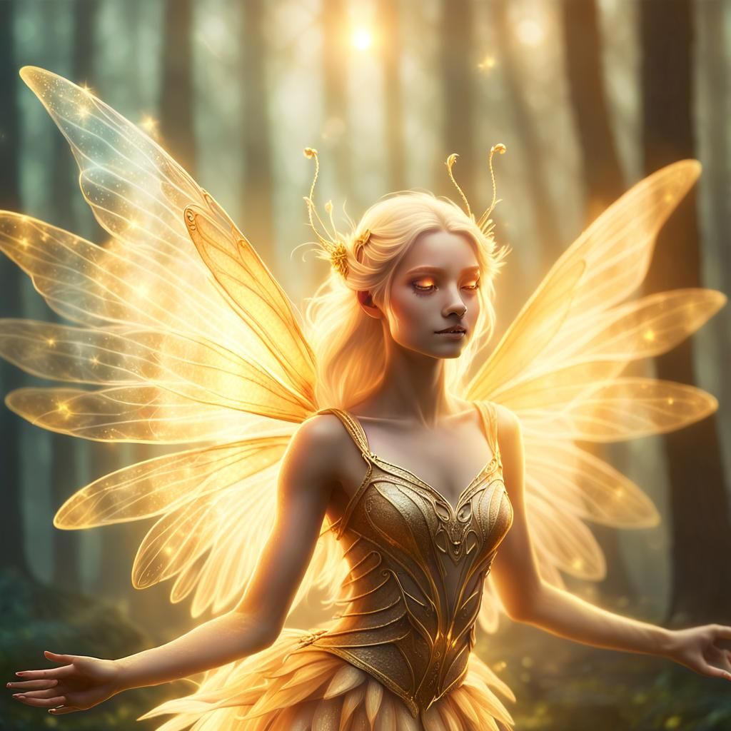 Golden Fairy with Glowing Wings in Misty Forest