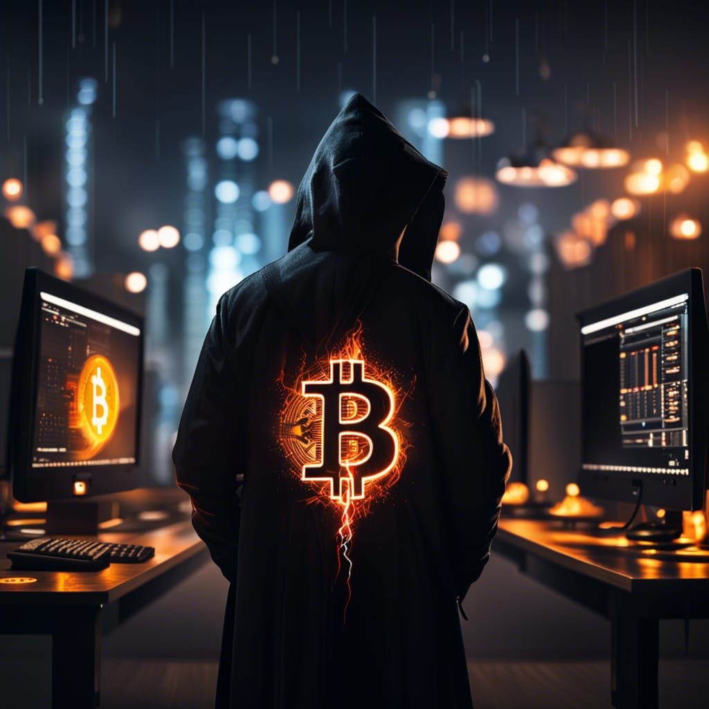 Hacker in Dark City with Bitcoin Logo, Photography