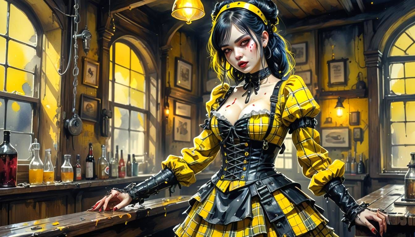 Gothic Babe in Yellow Plaid Outfit
