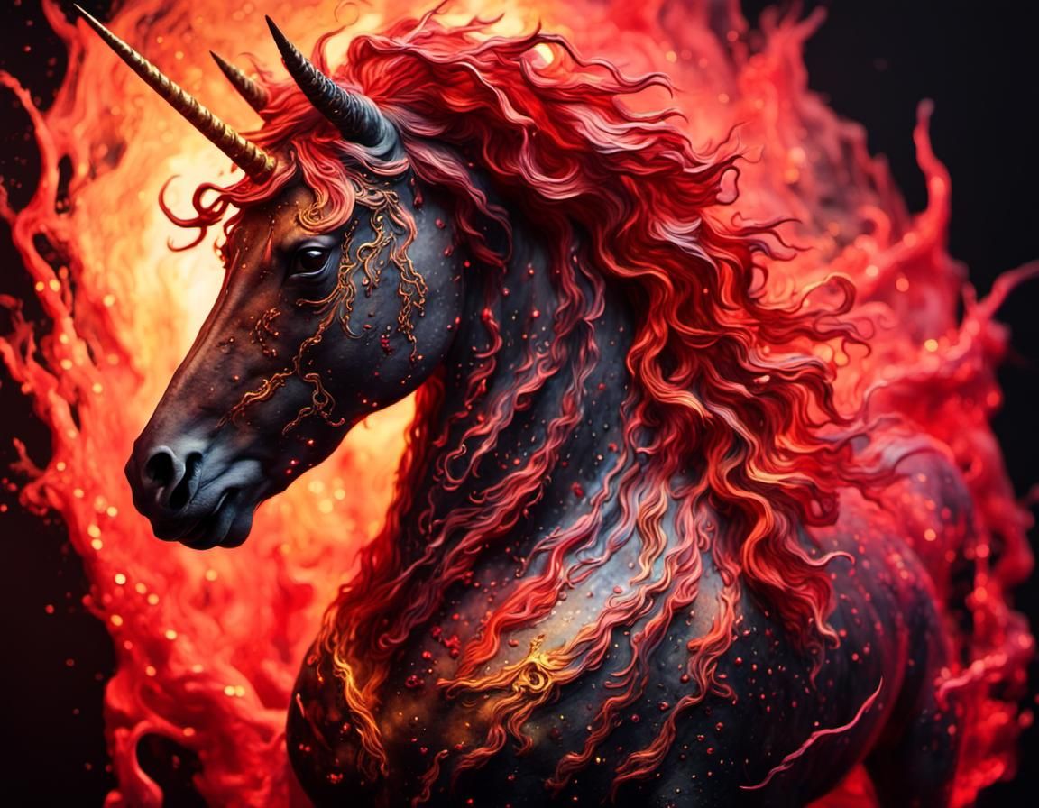 Fiery Unicorn in Watercolor with Gold Accents