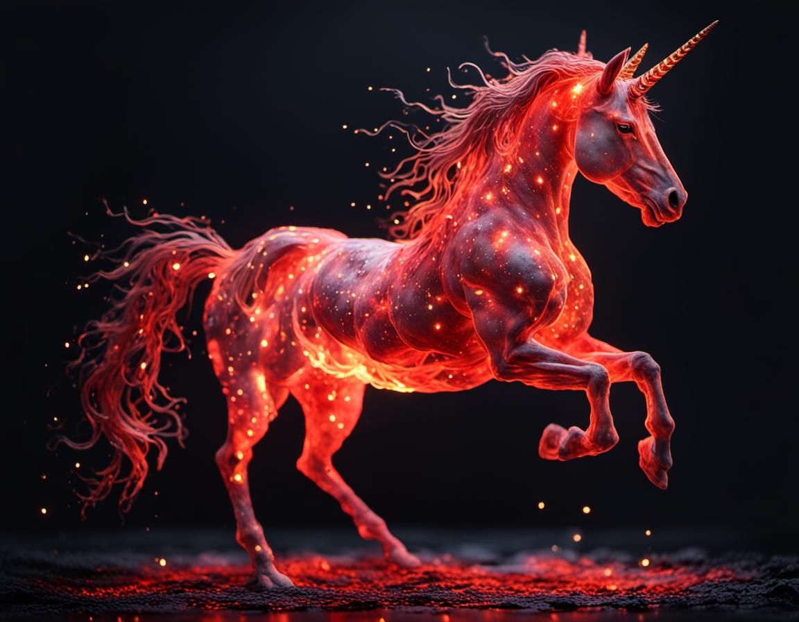 Glowing Red Fire Unicorn in Watercolor Style
