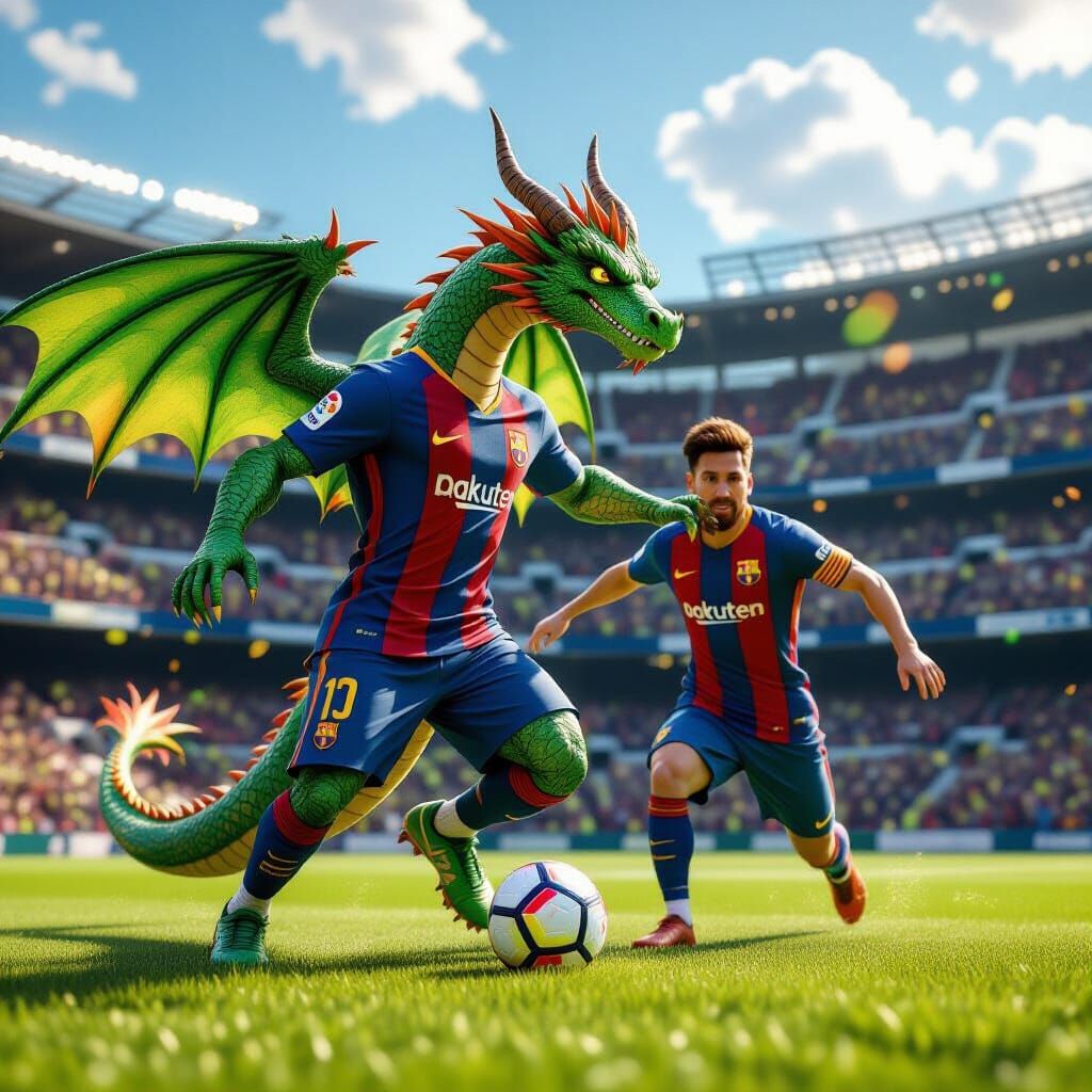 Green Dragon Plays Soccer With Messi in Hyper-Realistic 3D A...
