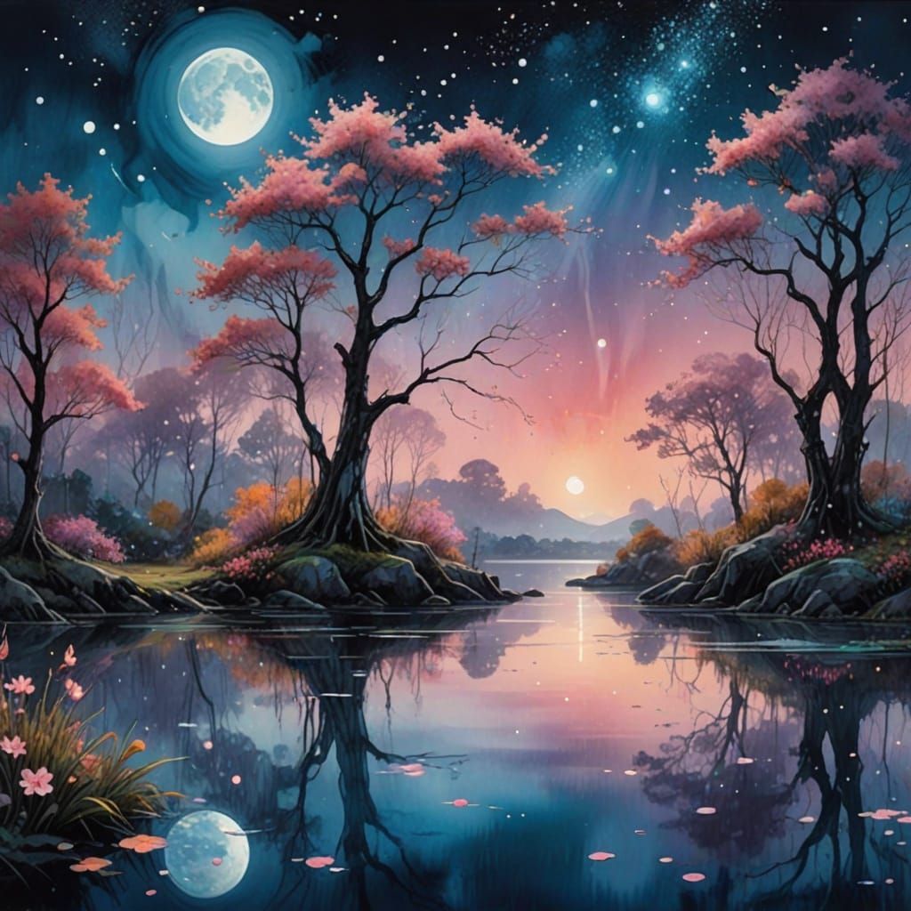 Ethereal Watercolor Dreamscape Under Moonlit Twilight