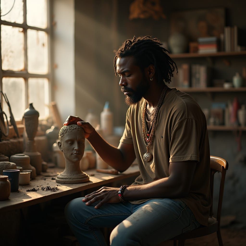 Hyperrealistic Photo: Man Sculpting in Dusty Studio