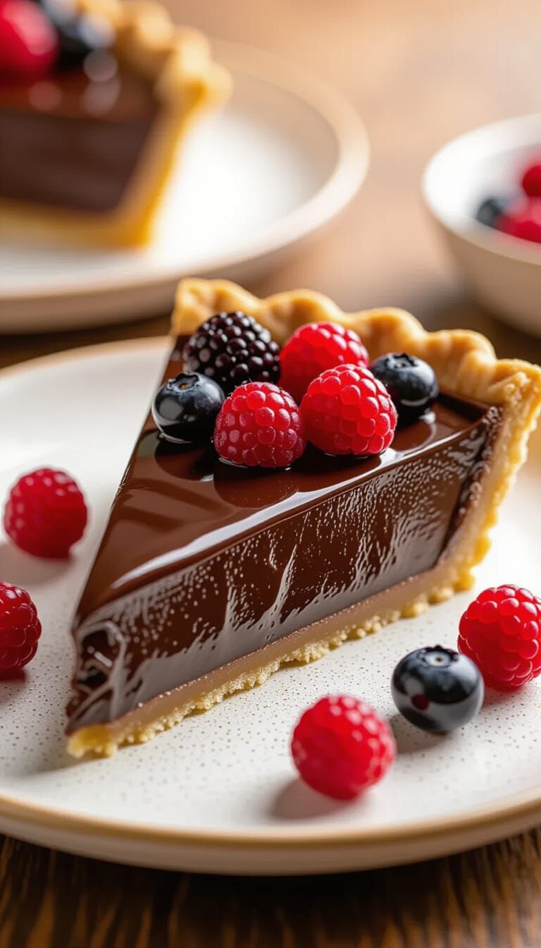 Rich Chocolate Tart Slice with Berries and Sauce