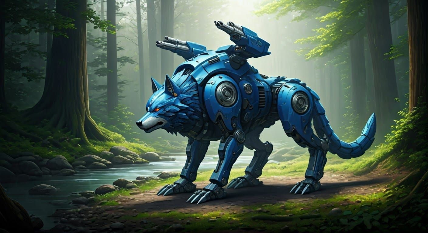 Blue and Silver Wolf Mecha in Forest, Futuristic Art