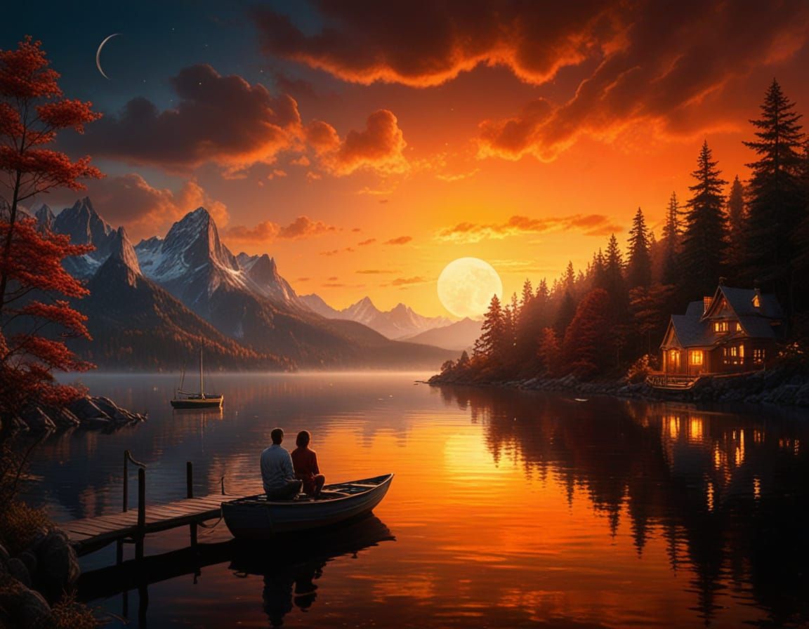 Serene Lake Scene With Moonlit Mountains and Dock