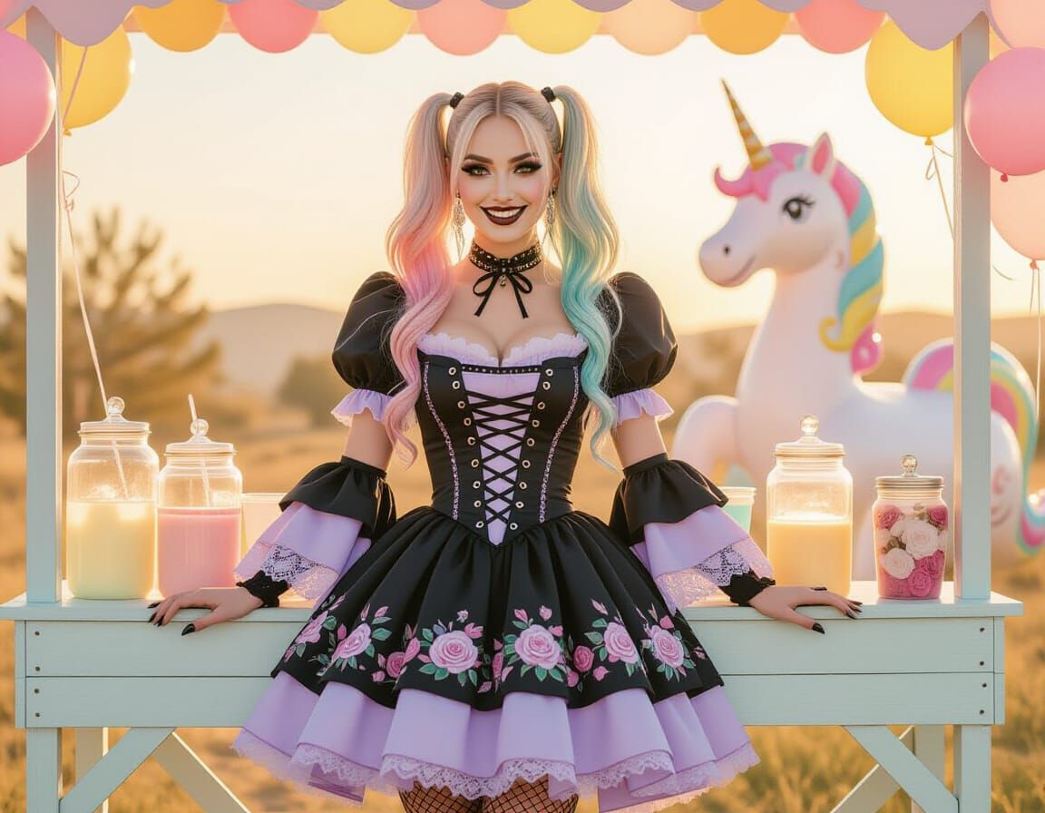 Pastel Goth Woman with Rainbow Hair and Gothic Makeup