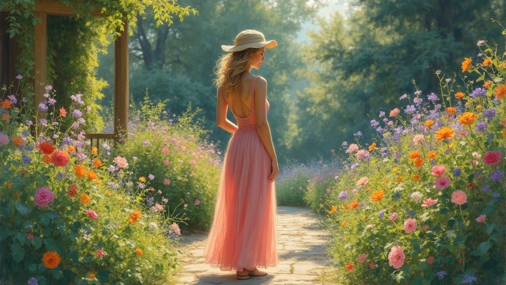 Elegant Woman in Lush Garden, Impressionistic Style