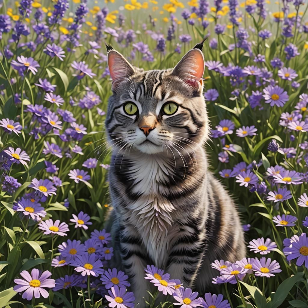 Gray Tabby Cat in Purple Flower Field