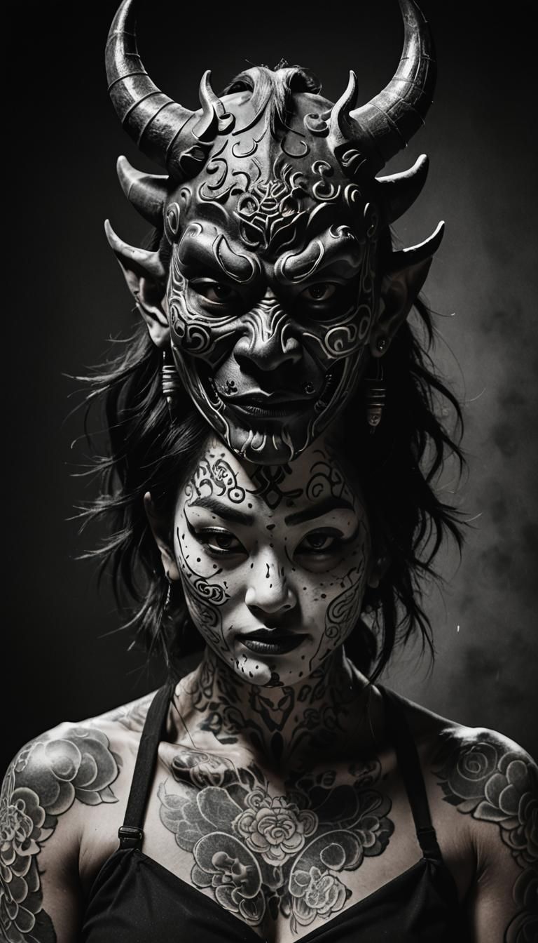 Tattoo Model with Oni Mask in Film Noir Style