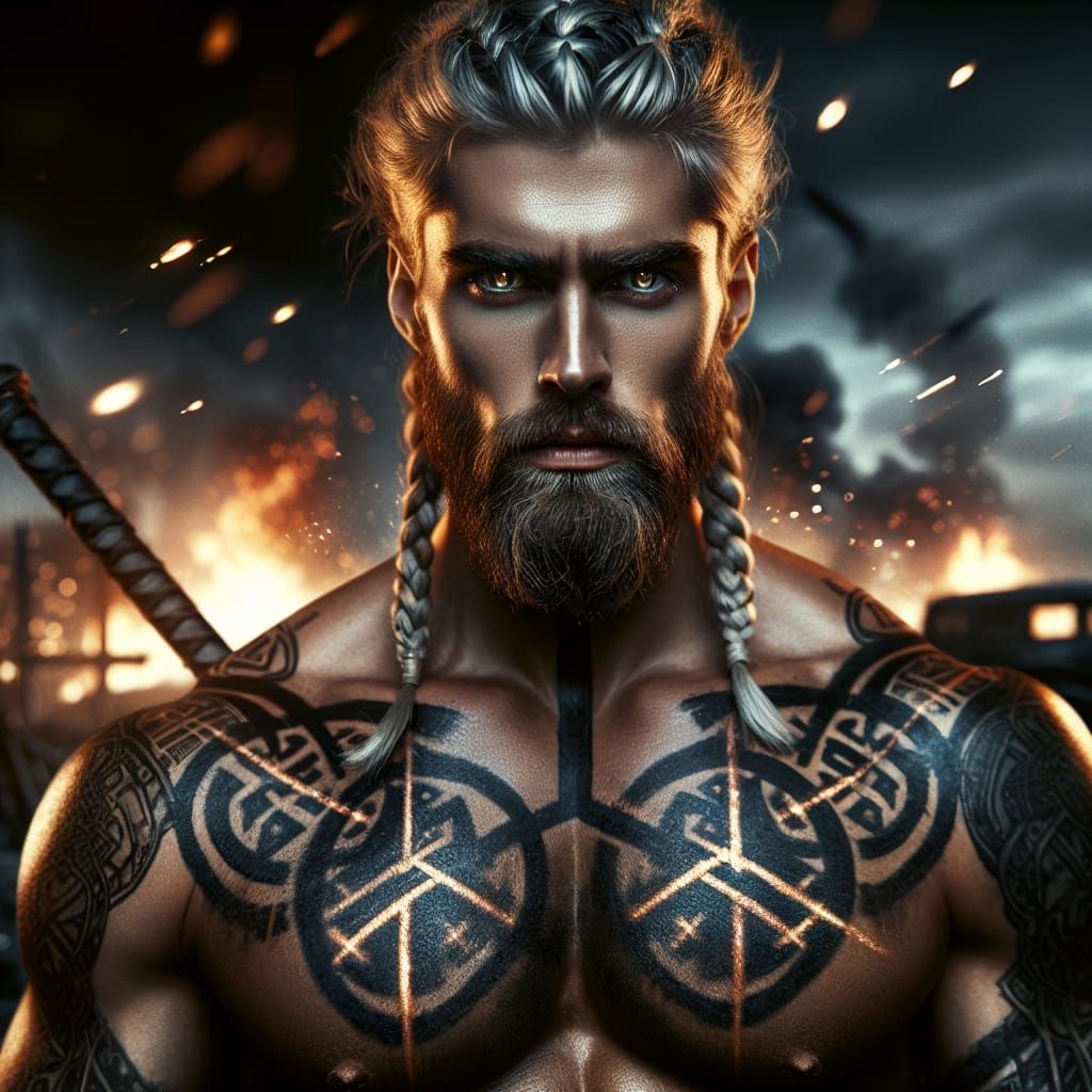 Epic Black Viking Warrior with Glowing Tattoos