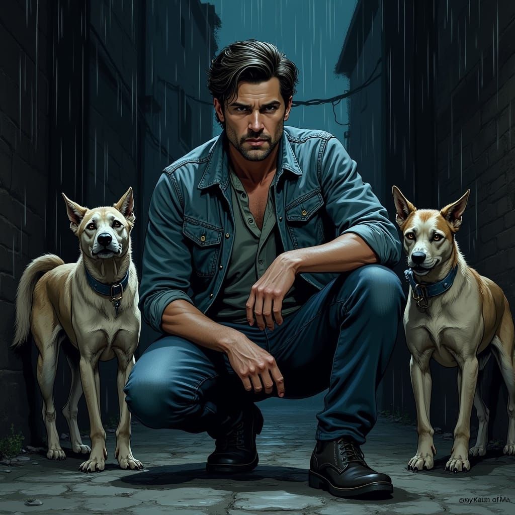 Gritty Noir: Man and Dogs in Dark Alley