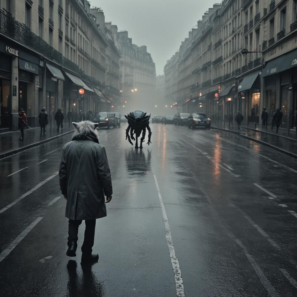 Lion and Alien Encounter in Rainy Paris