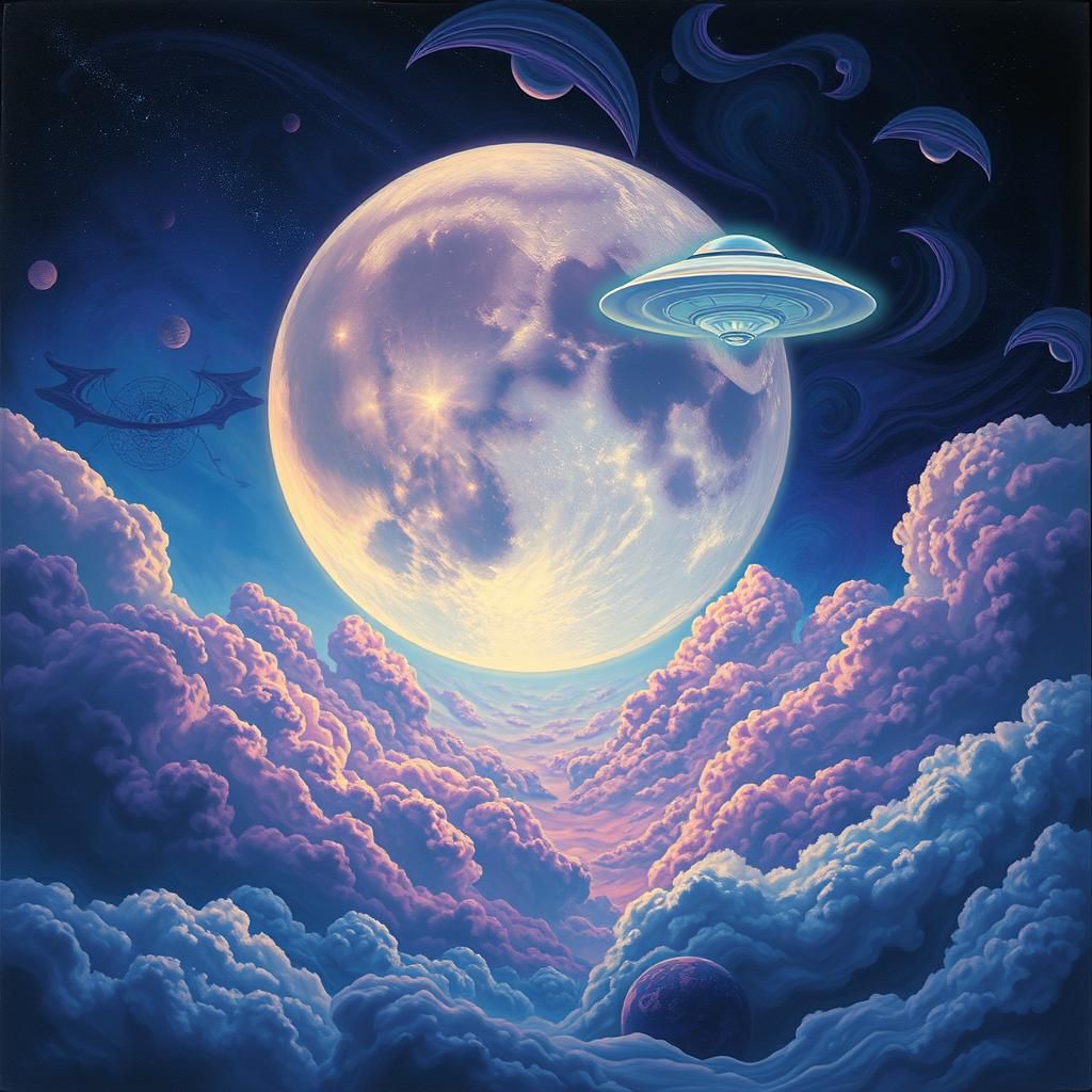 Dreamlike Moon Landscape with UFO in Surreal Style