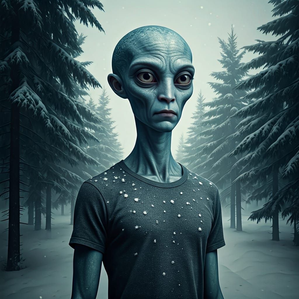 Alien Figure in Snowy Forest, Photorealistic Rendering