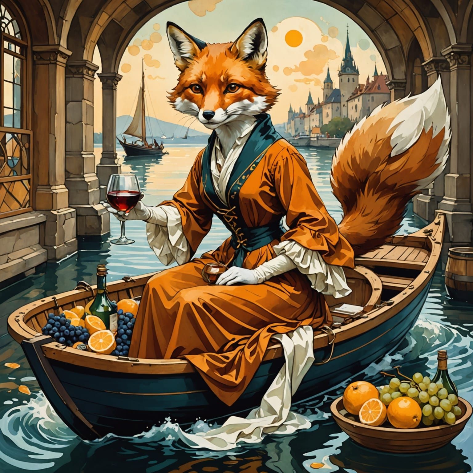 Fox on Yacht in Art Nouveau Style