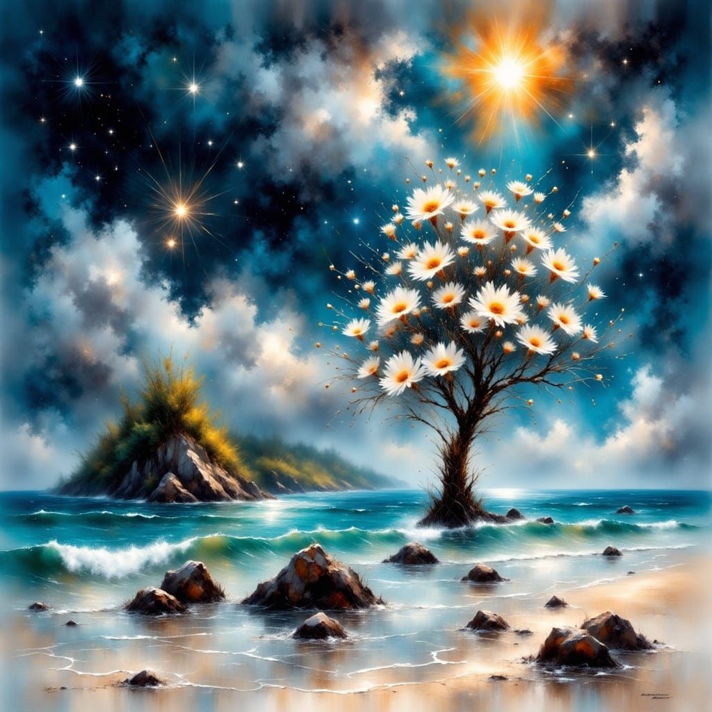 Surreal Beachscape with Tie-Dye Heart and Celestial Flowers