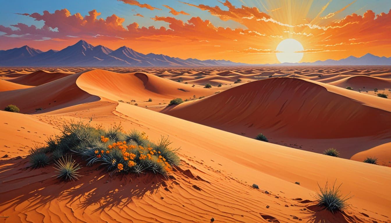 Vibrant Desert Sunrise in Neo-Impressionist Style