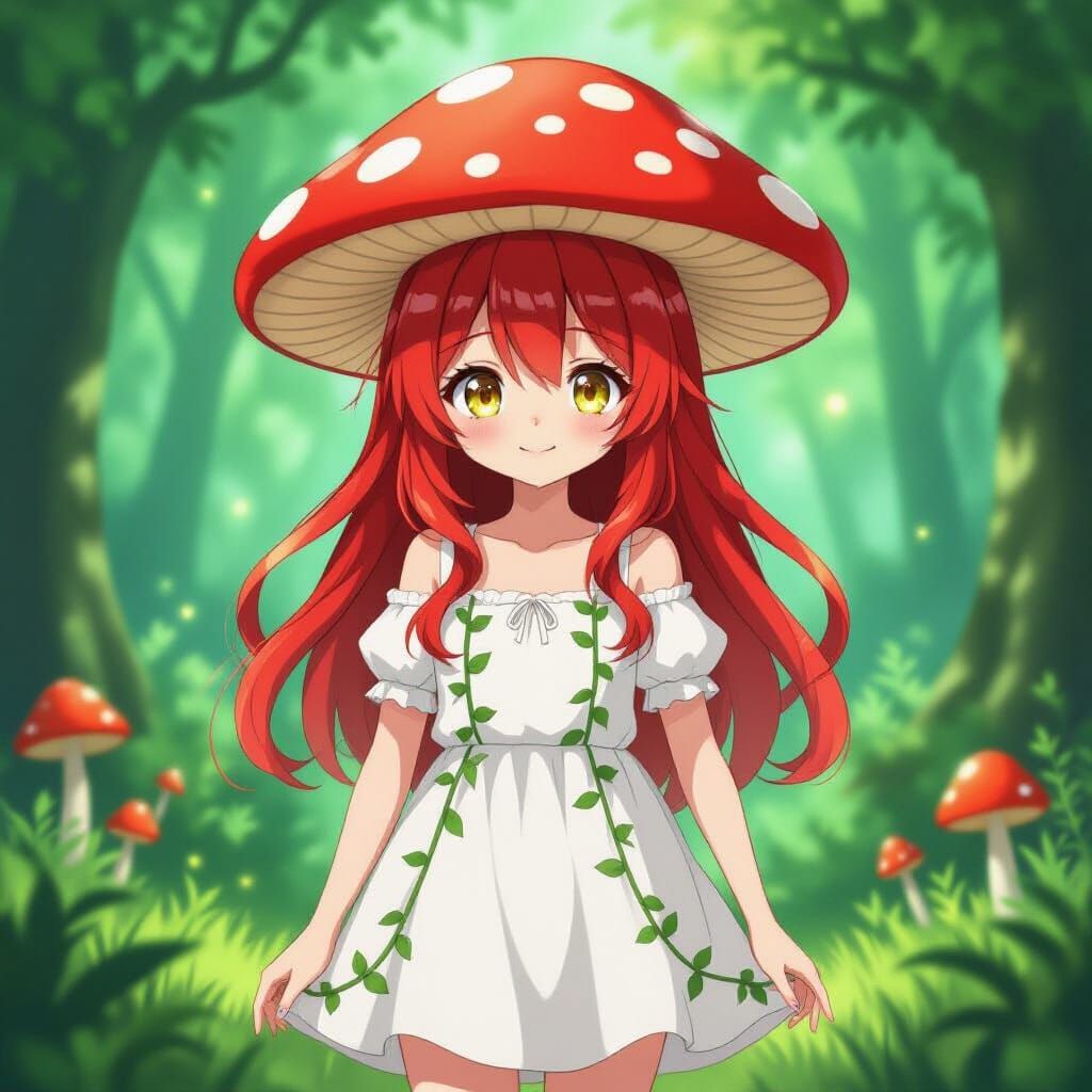 Anime Girl With Red Mushroom Hair In Mystical Forest