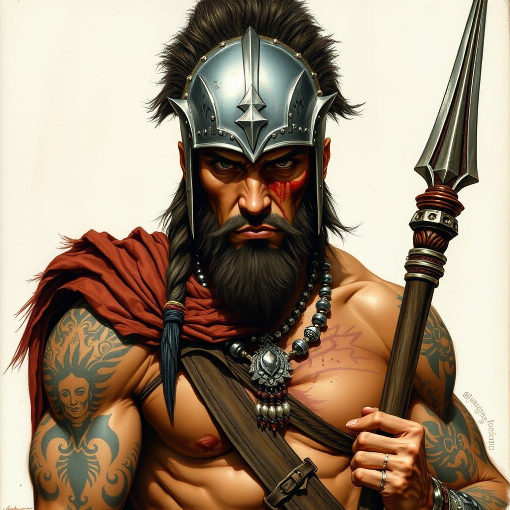 Tribal Warrior with Spear in Comic Book Style