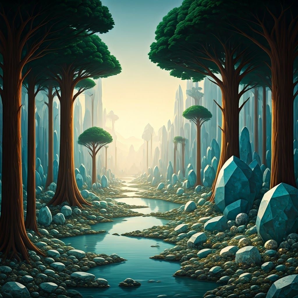 Surrealist Gemstone Landscape Under Golden Sunlight