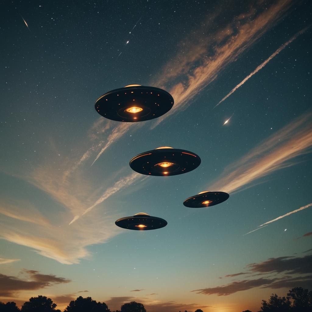 Two UFOs Soaring in Starry Night Sky
