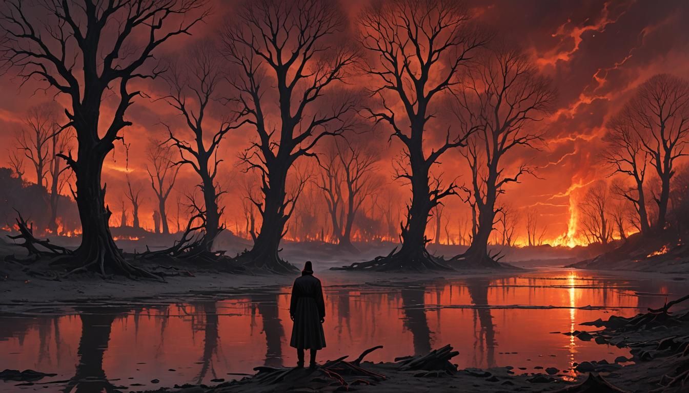 Fiery Hellscape with Ghostly Figure in Gothic Style