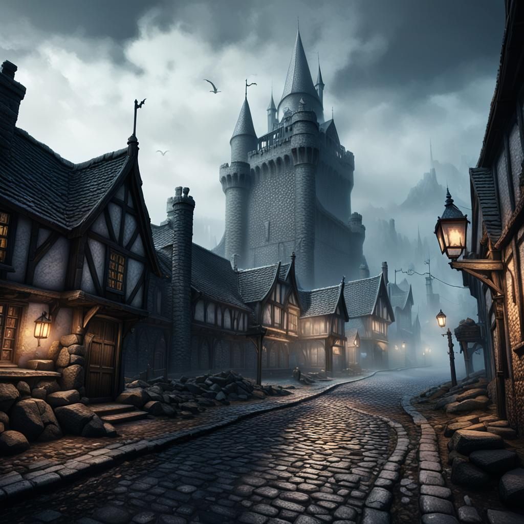 Detailed Foggy London Street with Distant Castle