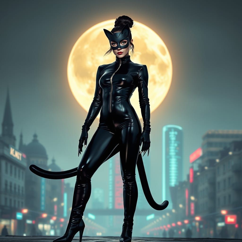 Futuristic Femme Fatale Emerges Under Neon Moon in Cyberpunk...