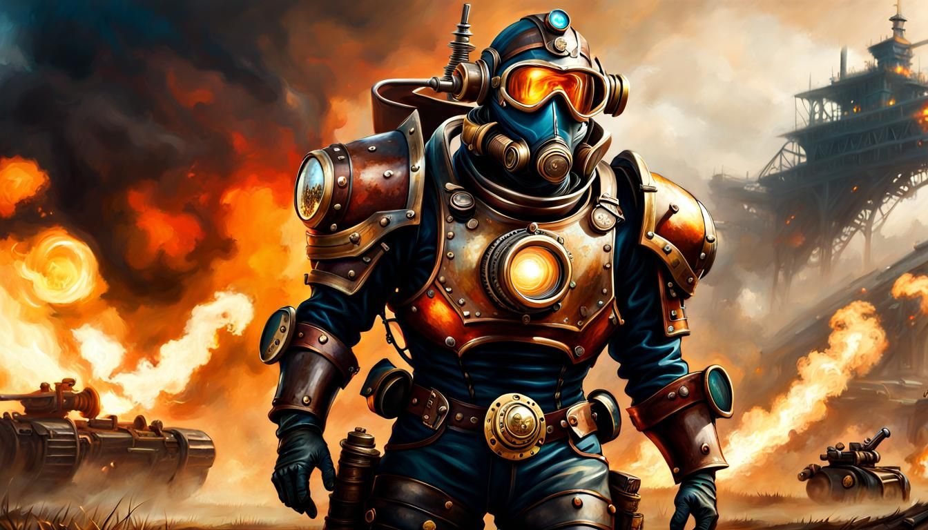 Steampunk Space Trooper on Battlefield in Oil Painting Style