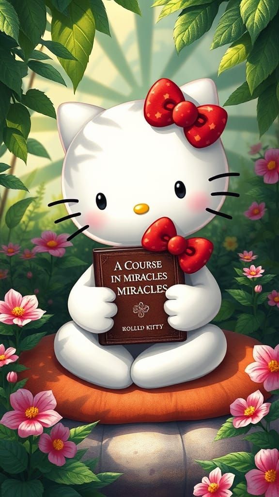 Hello Kitty Reads in Mystical Garden Setting