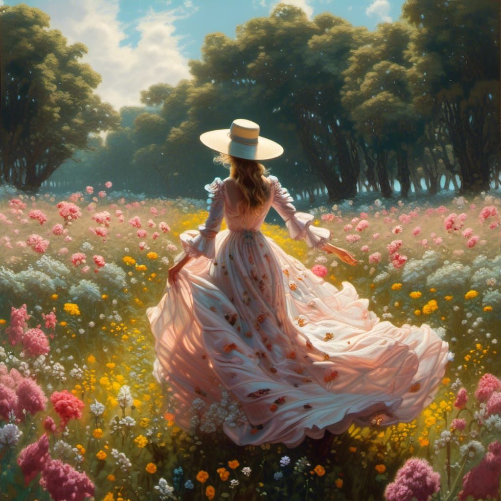 Woman in Flowing Dress in Flower Field
