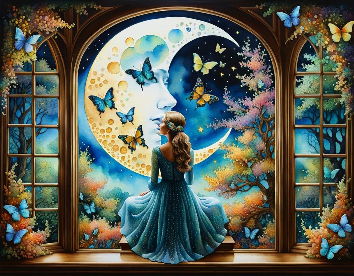 Ethereal Woman on Moon in Pointillist Painting