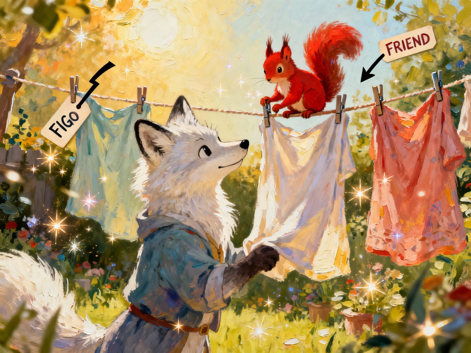 Arctic Fox and Squirrel Doing Laundry in Garden