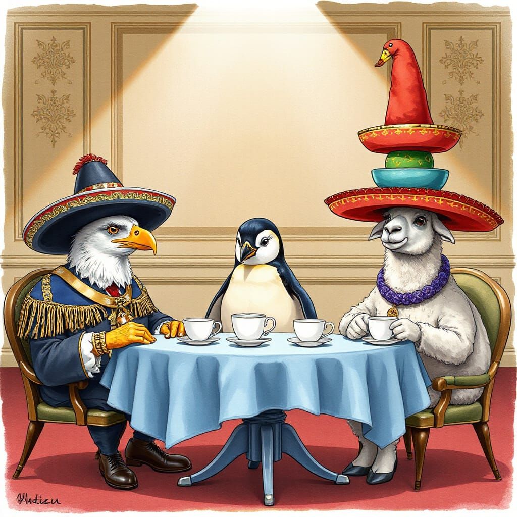 Absurd Animal Summit in Sombreros: Watercolor Illustration